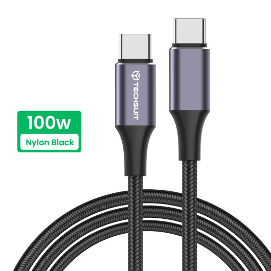 Techsuit - Data Cable - Type-C to Type-C, Super Fast Charging, 100W, 480Mbps, 6A, Nylon, Aluminum Alloy, 1m - Black