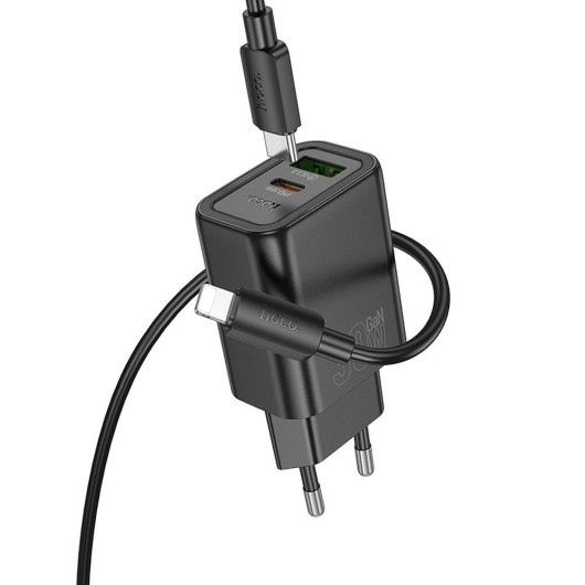 Hoco N63 Premium Σετ Ταχυφορτιστή Τοίχου 30W (USB-C PD & USB-A QC3.0) με Καλώδιο USB-C to Lightning 1m – Μαύρο