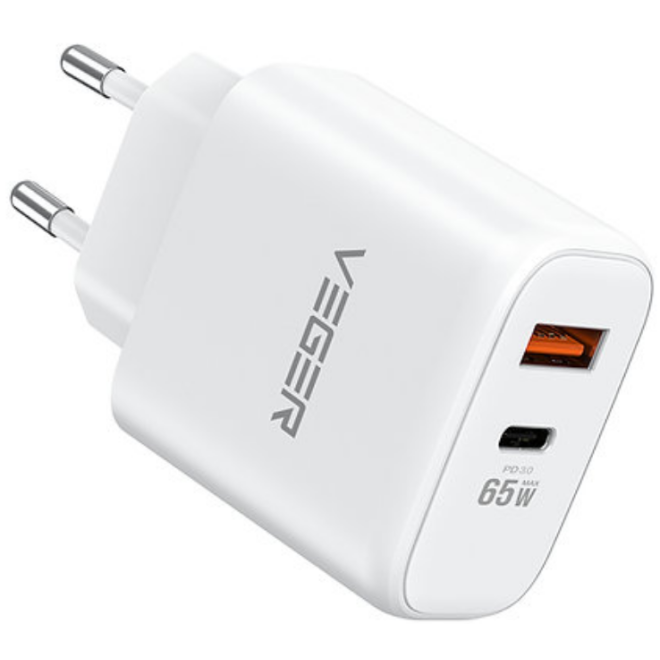 Veger TC650 Fast Charger - Ταχυφορτιστής Ταξιδιού / Αντάπτορας Με 1x Type-C / 1 x USB-A - 65W - White (6970453556802)