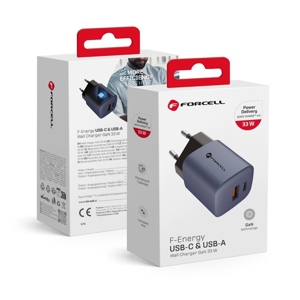 Forcell F-Energy GaN Travel Charger with USB C and USB A sockets - 3A 33W with PD and Quick Charge 4.0 