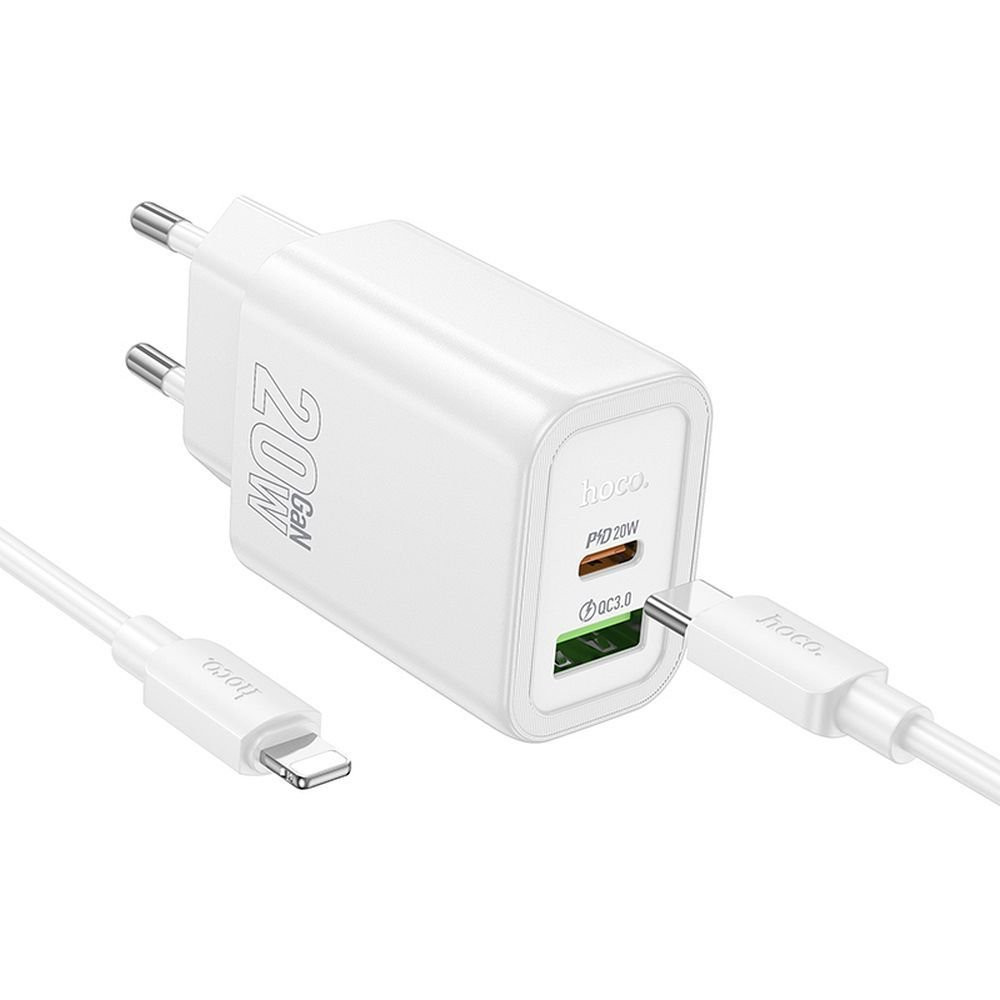 Hoco wall charger USB A + Type C + cable Type C to Lightning PD QC3.0 3A 20W N61 white
