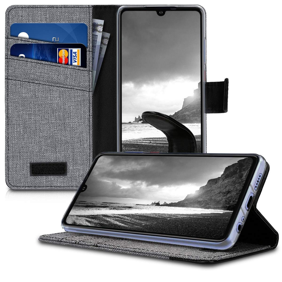 KW Θήκη-Πορτοφόλι Huawei P30 - Grey / Black Canvas 