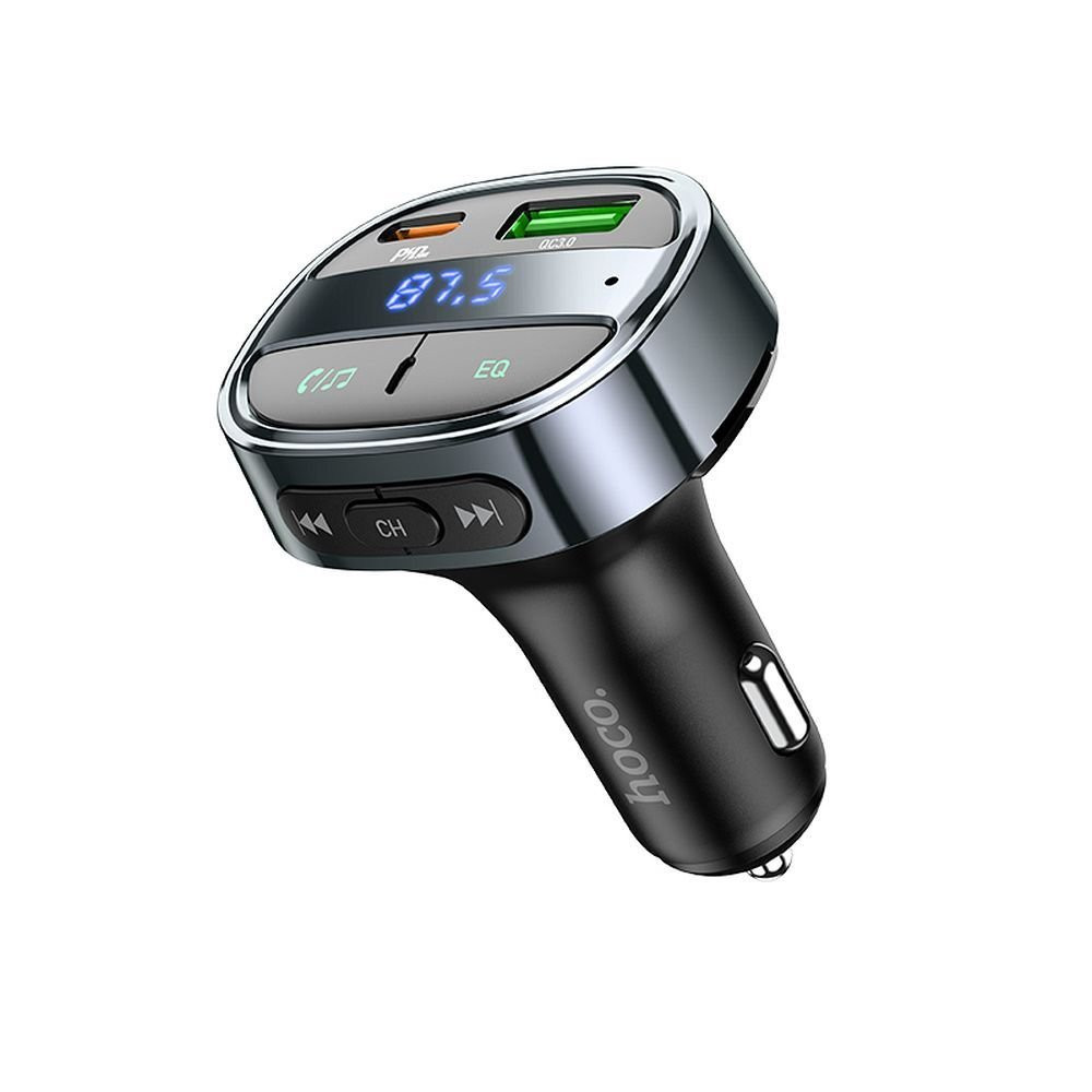 Hoco Car charger USB A + USB C PD QC3.0 5A 30W with digital display + transmitter FM BT E70 obsidian black