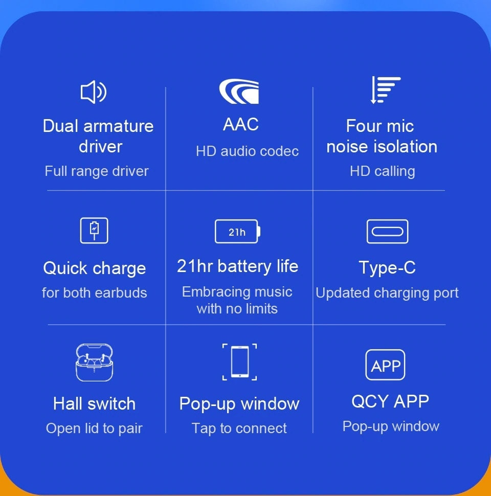QCY T10 TWS WHITE Dual Driver 4-mic noise cancel. True Wireless Earbuds - Quick Charge 600mAh