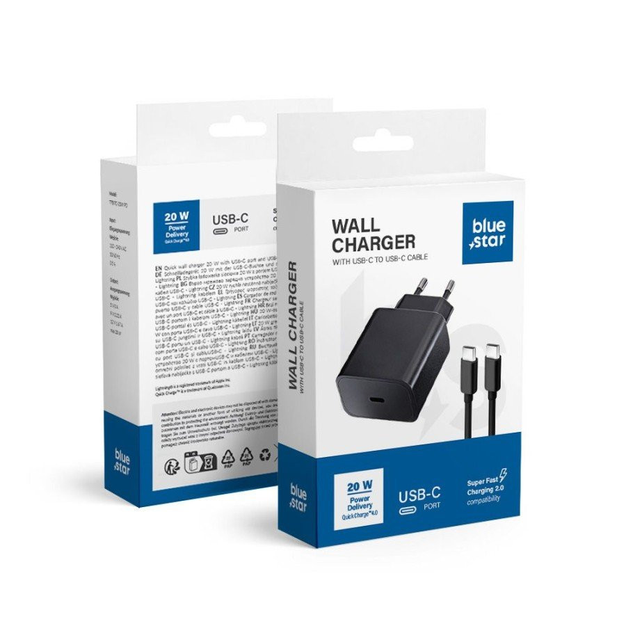 Blue Star Type-C to Type-C Cable & Wall Adapter Black