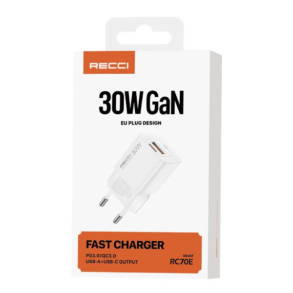 Recci Φορτιστής Χωρίς Καλώδιο GaN με Θύρα USB-A και Θύρα USB-C 30W Power Delivery / Quick Charge 3.0 Λευκός (RC70E)