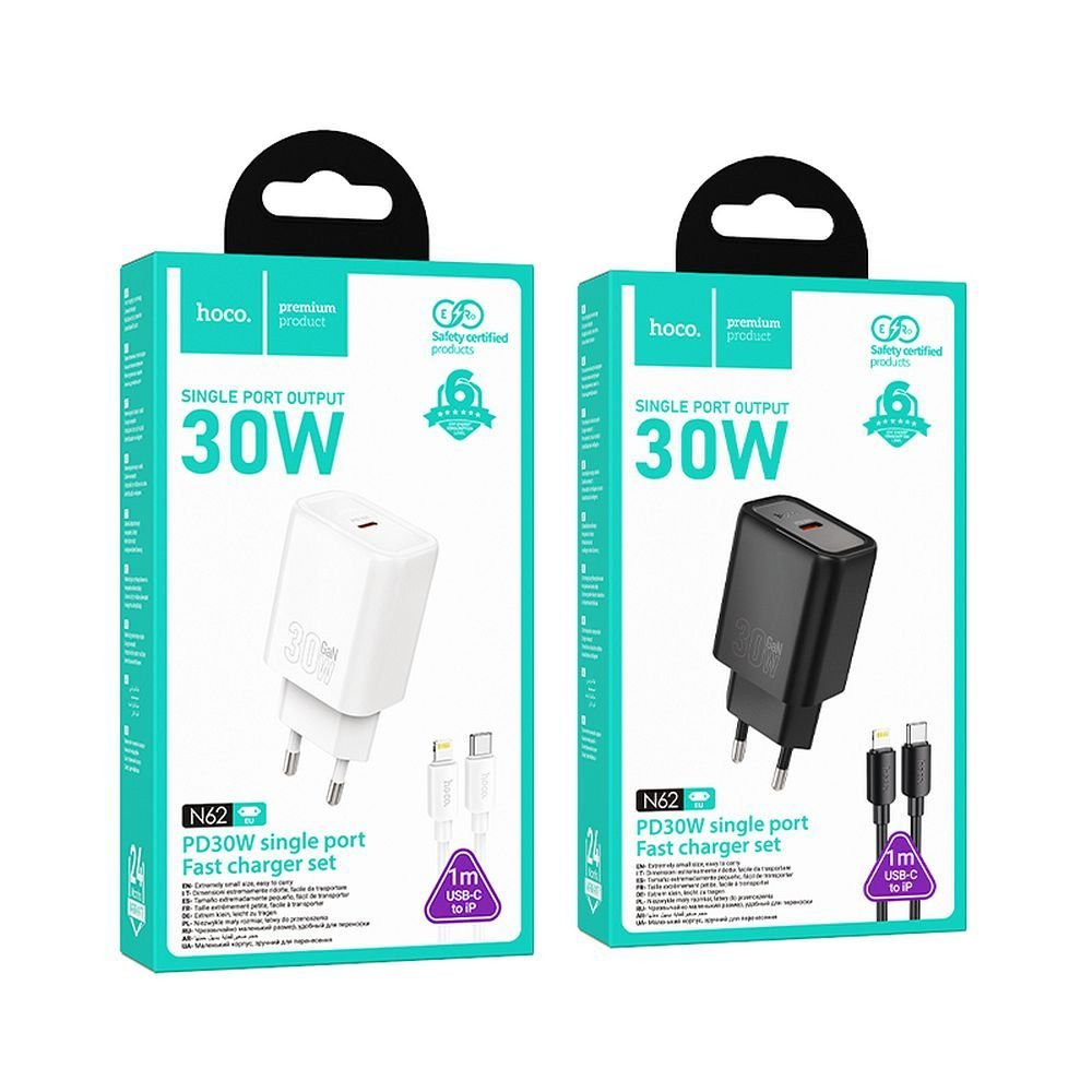 Hoco Universal Travel Charger QC PD με υποδοχή USB C - 3A 30W με καλώδιο USB-C σε Lightning 1m Black 