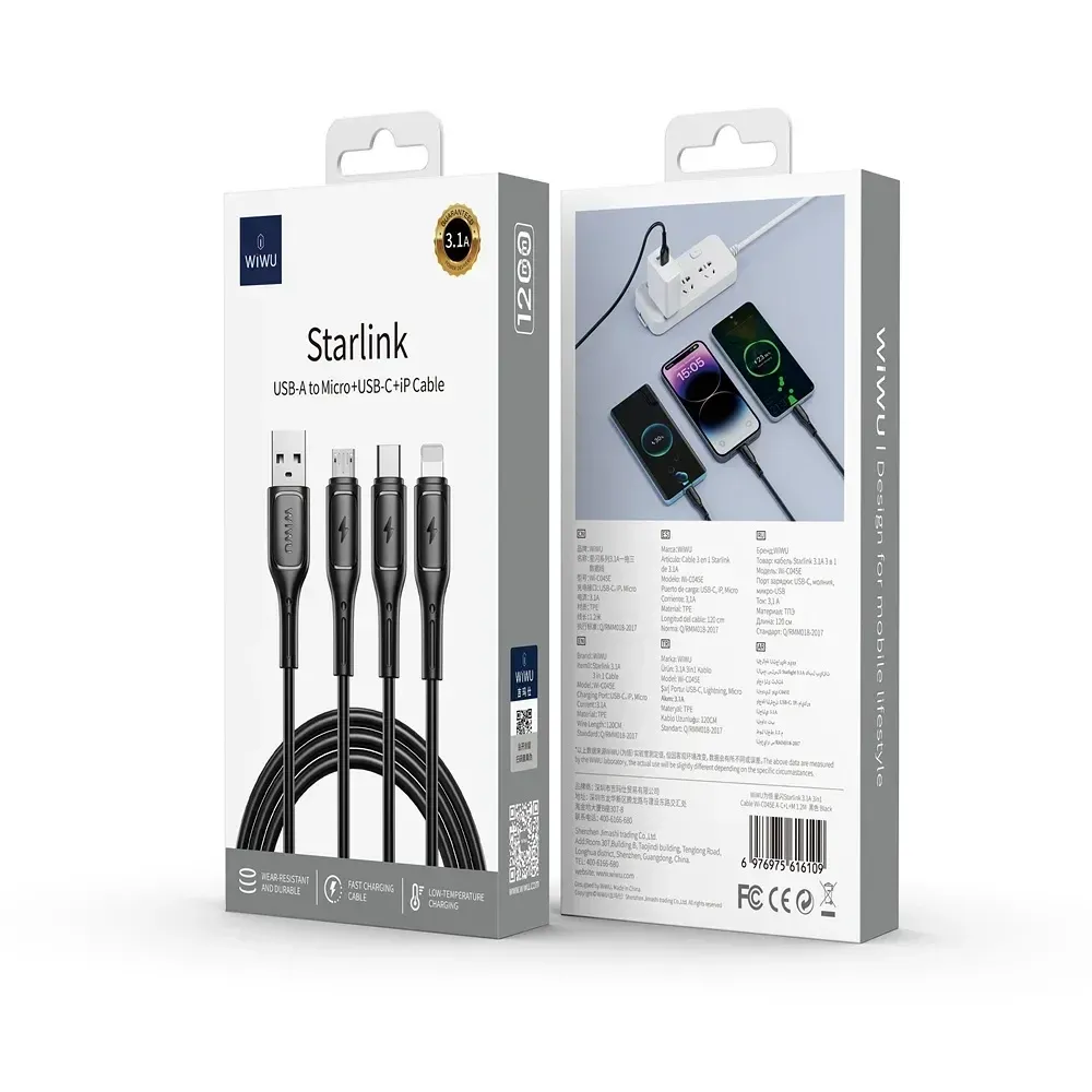 WiWU Starlink WI-C045E Καλώδιο 3-σε-1 USB-A σε USB-C / Micro USB / Lightning – 1m