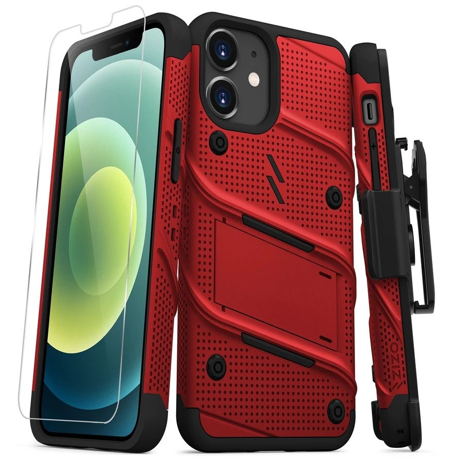 Zizo Bolt Series Ανθεκτική Θήκη με Tempered Glass, Kickstand & Clip - Apple iPhone 12 mini - Red / Black (BOLT-IPH1254-RDBK)