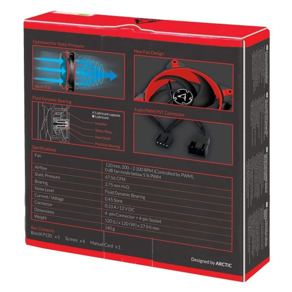 Arctic BIONIX P120 (RED) - Pressure-optimised 120 mm Gaming Fan with PWM PST