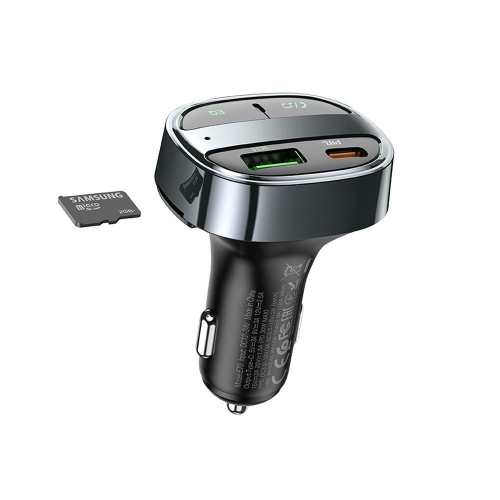 Hoco Car charger USB A + USB C PD QC3.0 5A 30W with digital display + transmitter FM BT E70 obsidian black