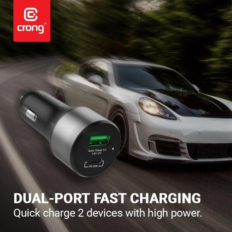 Crong Power Car Charger - Φορτιστής Αυτοκινήτου με 1 x USB QC 3.0 / 1 x Type-C - 63W - Black (CRG-PWRC-USBC63-ABK)