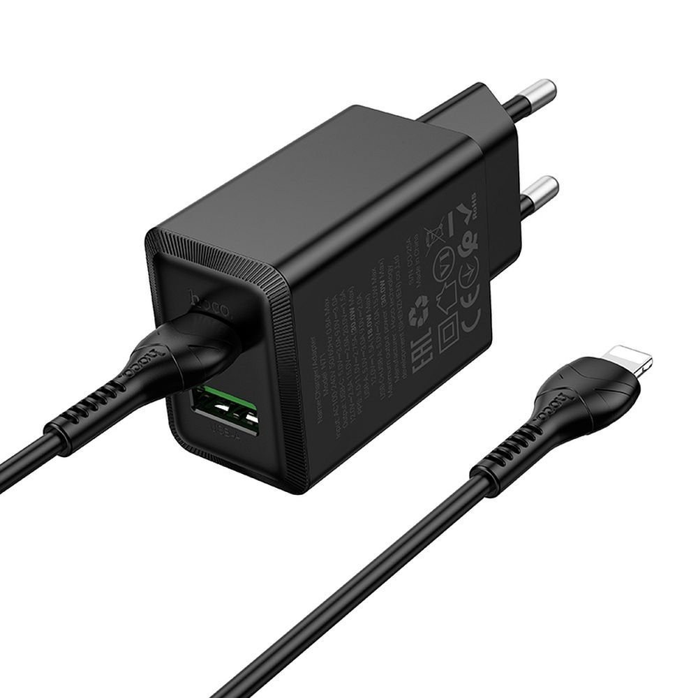 Hoco Phone charger USB A + USB C QC3.0 PD AFC 3A 30W + cable USB C to USB C N71 black