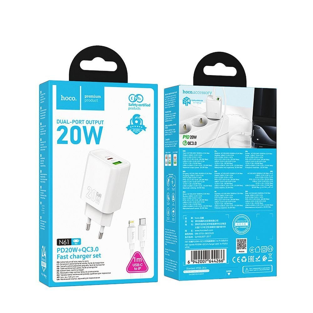 Hoco wall charger USB A + Type C + cable Type C to Lightning PD QC3.0 3A 20W N61 white