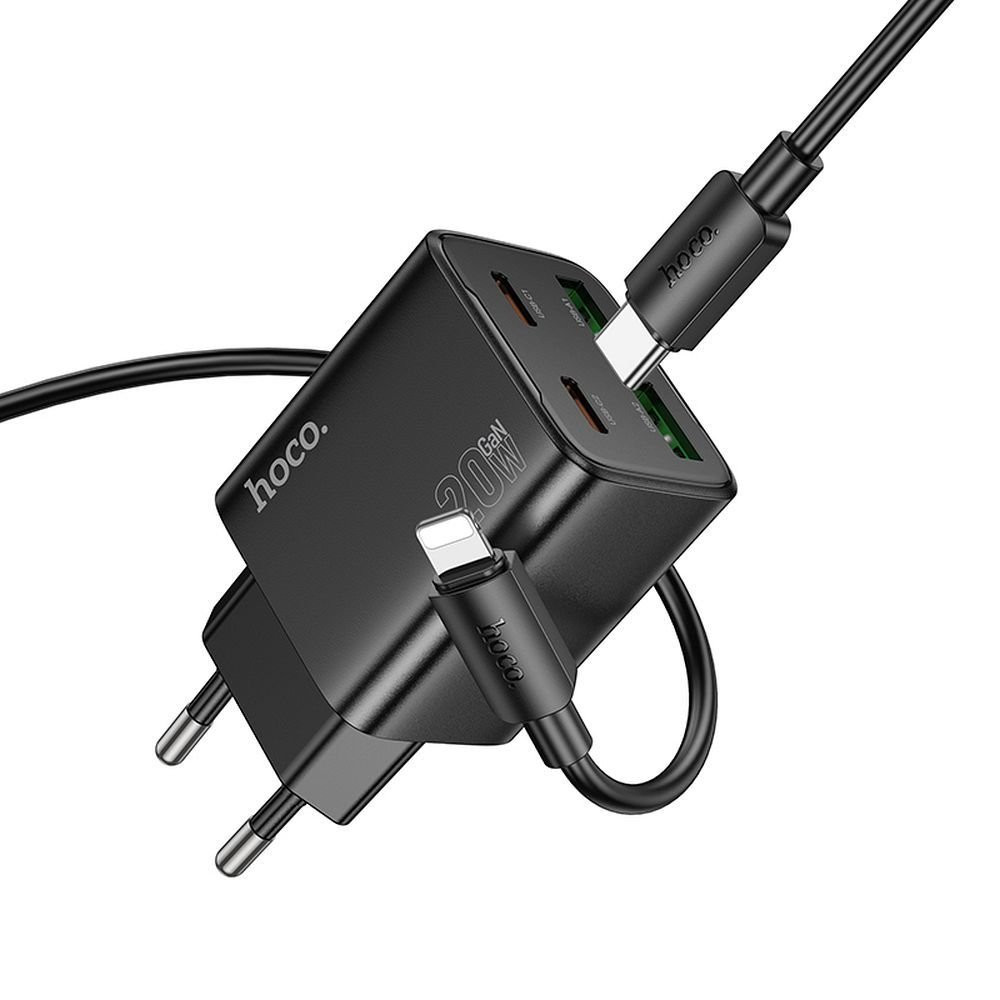 Hoco charger 2 x Type C + 2 x USB A + cable Type C to Lightning PD QC3.0 3A 20W N55 black