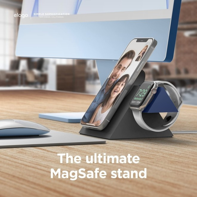 Elago MS5 Duo Charging Stand - Βάση Σιλικόνης για τον Ασύρματο Φορτιστή MagSafe και Φορτιστή Apple Watch - Dark Grey / Jean Indigo (EEMSST5-DUO-DGYJIN)