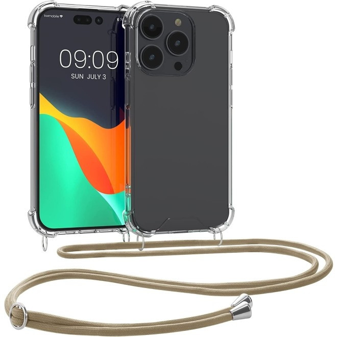 KWmobile Διάφανη Θήκη Σιλικόνης με Λουράκι Λαιμού - Apple iPhone 14 Pro - Transparent / Gold (59110.21)