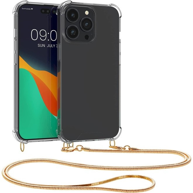KWmobile Διάφανη Θήκη Σιλικόνης με Μεταλλικό Λουράκι Λαιμού Apple iPhone 14 Pro Max - Transparent / Gold (59105.21)