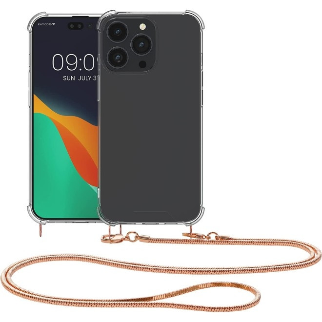 KWmobile Διάφανη Θήκη Σιλικόνης με Μεταλλικό Λουράκι Λαιμού Apple iPhone 14 Pro Max - Transparent / Rose Gold (59105.81)