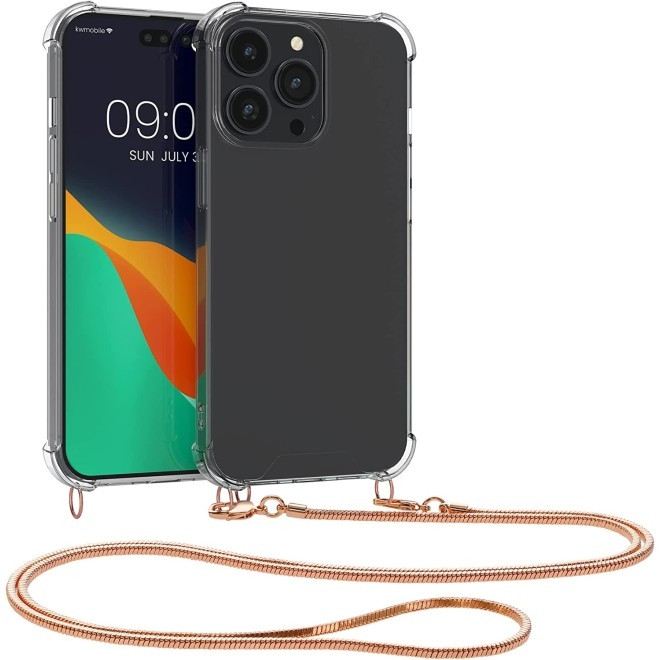 KWmobile Διάφανη Θήκη Σιλικόνης με Μεταλλικό Λουράκι Λαιμού Apple iPhone 14 Pro Max - Transparent / Rose Gold (59105.81)