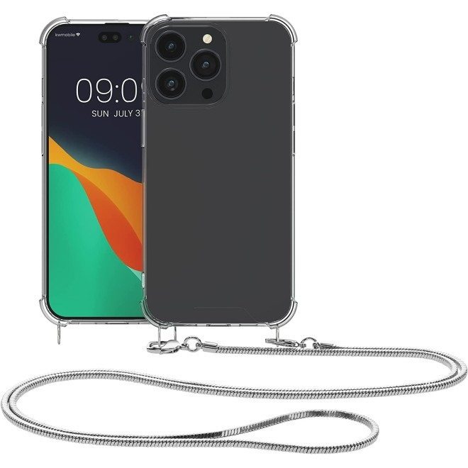 KWmobile Διάφανη Θήκη Σιλικόνης με Μεταλλικό Λουράκι Λαιμού Apple iPhone 14 Pro Max - Transparent / Silver (59105.35)