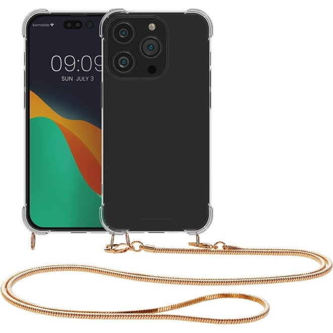 KWmobile Διάφανη Θήκη Σιλικόνης με Μεταλλικό Λουράκι Λαιμού Apple iPhone 14 Pro - Transparent / Rose Gold (59104.81)