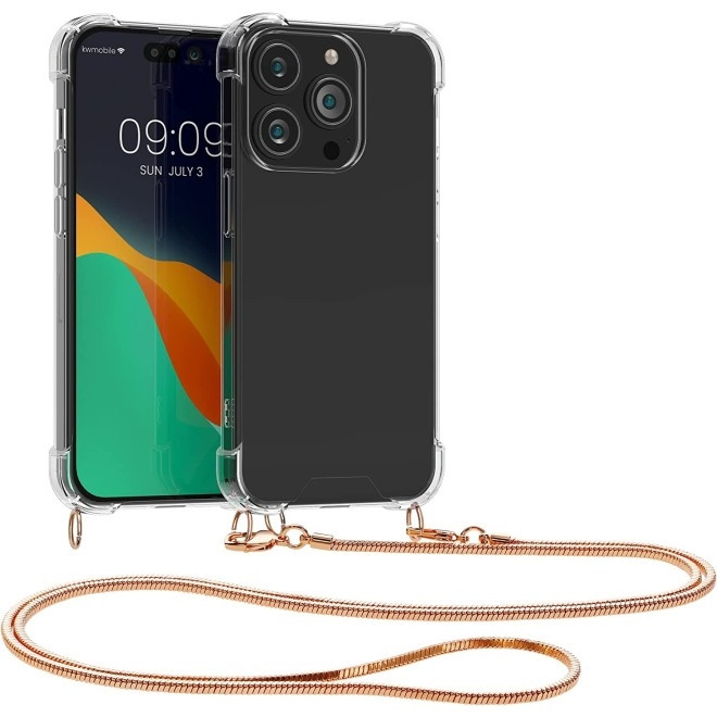 KWmobile Διάφανη Θήκη Σιλικόνης με Μεταλλικό Λουράκι Λαιμού Apple iPhone 14 Pro - Transparent / Rose Gold (59104.81)