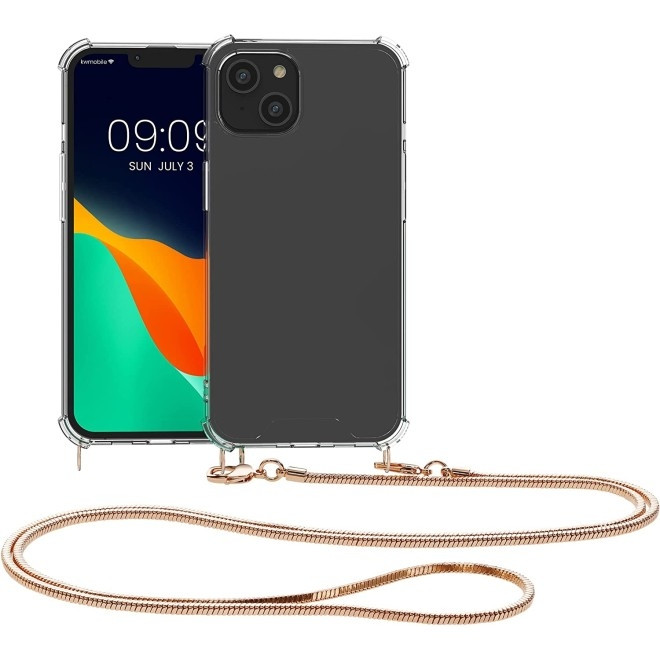 KWmobile Διάφανη Θήκη Σιλικόνης με Μεταλλικό Λουράκι Λαιμού Apple iPhone 14 Plus - Transparent / Gold (59103.21)