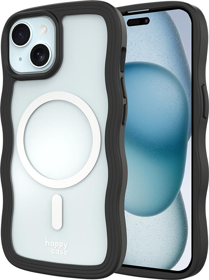 Θήκη iPhone 15 / 14 / 13 HappyCase Wavy Διάφανη Σκληρή με MagSafe & TPU Bumper - Black (8719246471445)