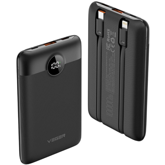 Veger PowerBank C11 με Ψηφιακή Οθόνη LED - Φορητή Μπαταρία Φόρτισης με Ενσωματωμένα Καλώδια 1 x Type-C / 1 x Lightning και Θύρα 1 x USB-A - 10000mAh - 22.5W - Black (W1170)