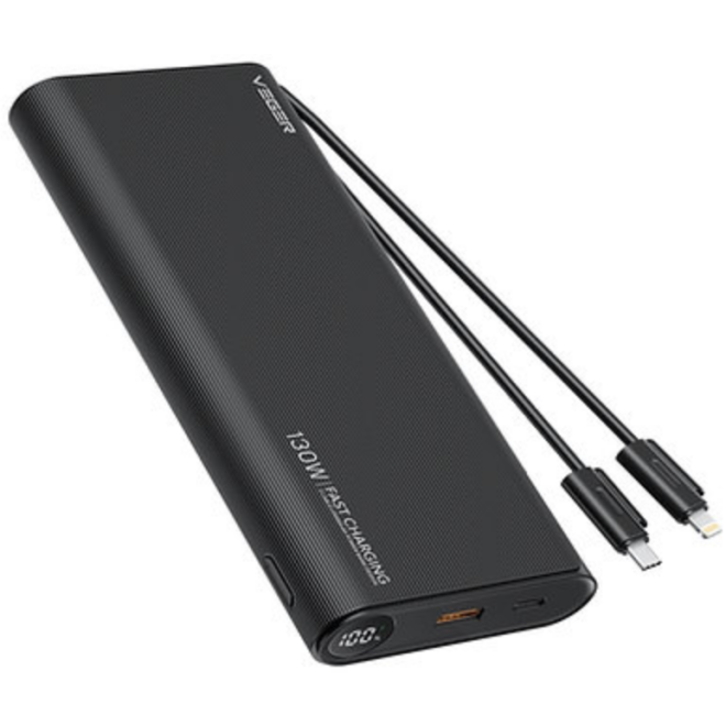 Veger PowerBank TC130 - Φορητή Μπαταρία Φόρτισης με Ενσωματωμένα Καλώδια Type-C & Lightning και 1 x Θύρα USB-A / 1 x Θύρα Type-C - 25000mAh - 130W - Black (W2503)