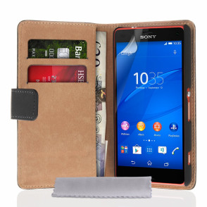 Δερμάτινη θήκη- πορτοφόλι για Sony Xperia Z3 Compact  μαύρη by YouSave και screen protector 