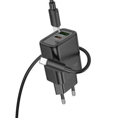 Hoco N63 Premium Σετ Ταχυφορτιστή Τοίχου 30W (USB-C PD & USB-A QC3.0) με Καλώδιο USB-C to Lightning 1m – Μαύρο