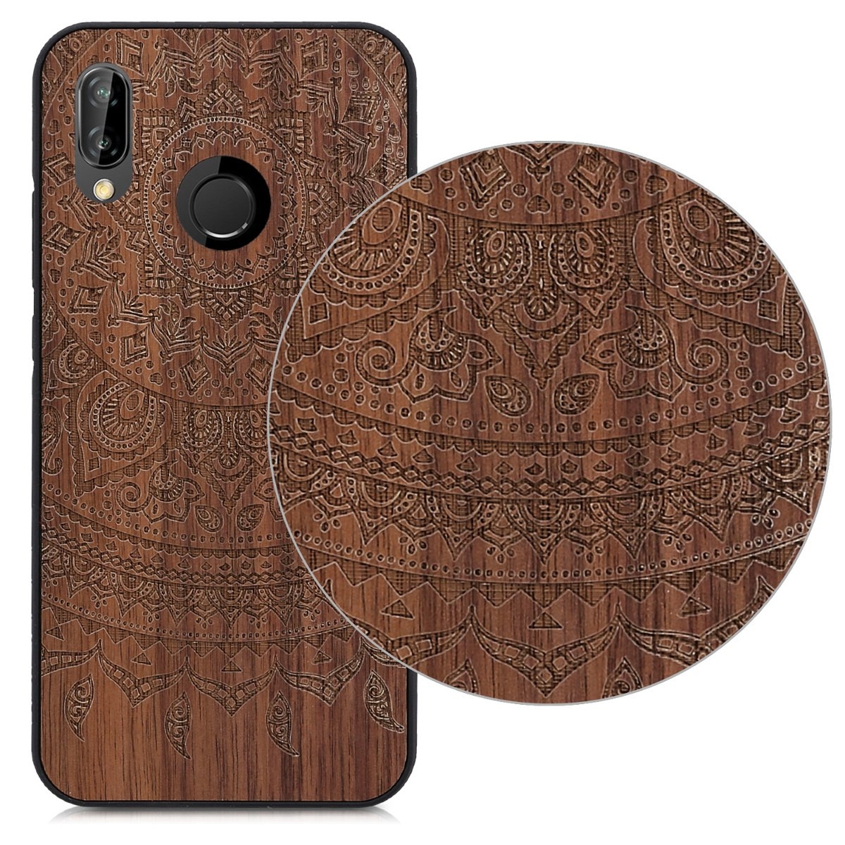 kwmobile Wooden protection case for Huawei P20 Lite - Hard case with TPU bumper Indian Sun walnut